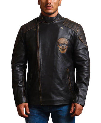 Men Skull Black Distressed Biker Jacket