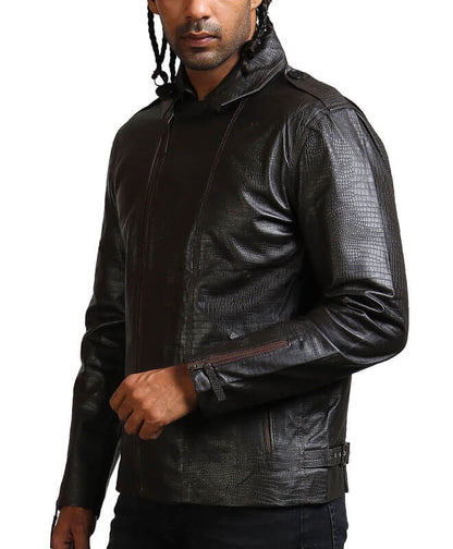 Men Textured Black Leather Biker Jacket