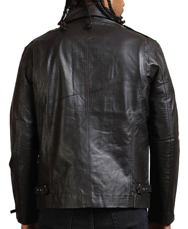 Men Textured Black Leather Jacket