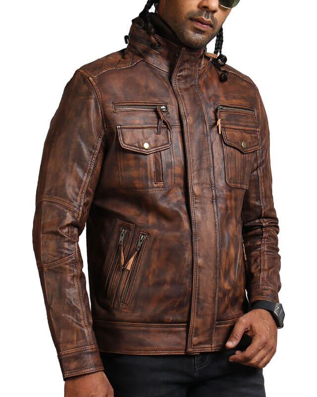 Men Vintage Brown Men Detachable Fleece Leather Jacket