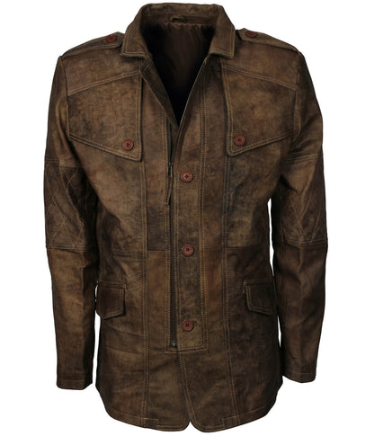 Men Vintage Brown Military Officer Leather Coat