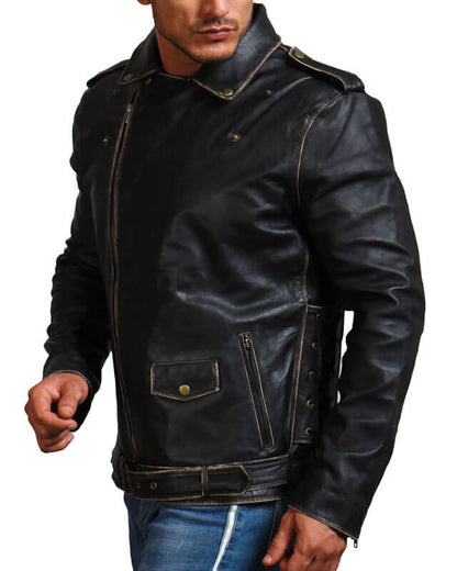 Men Vintage Distressed Black Biker Jacket