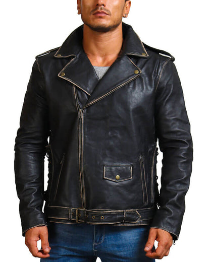 Men Vintage Distressed Black Motorcycle Jacket