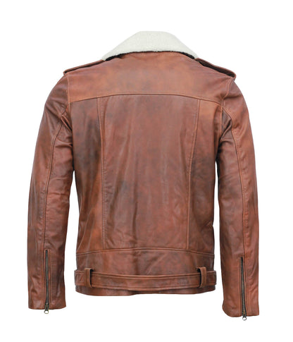 Men Vintage Motorcycle Real Leather Jacket With Fur Collar