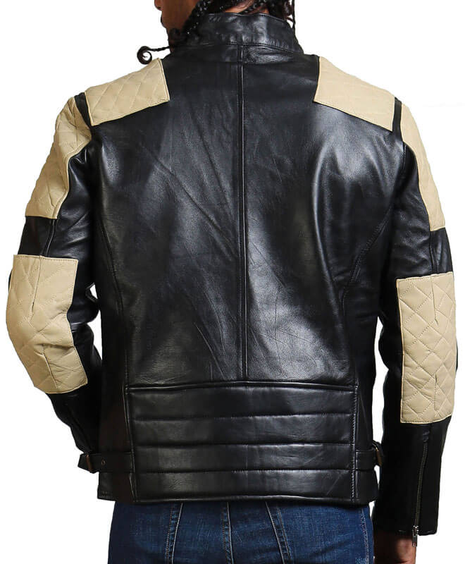 Men White And Black Quilted Patch Leather Jacket