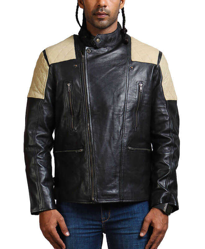 Men White Quilted Black Leather Jacket