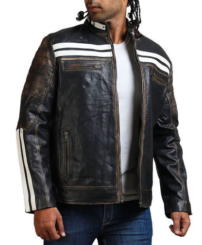 Men White Stripe Black Distressed Leather Jacket