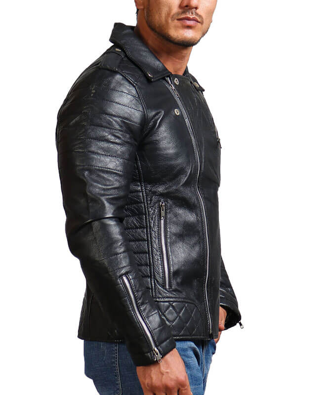 Men Zippered Sleeves Motorcycle Leather Jacket