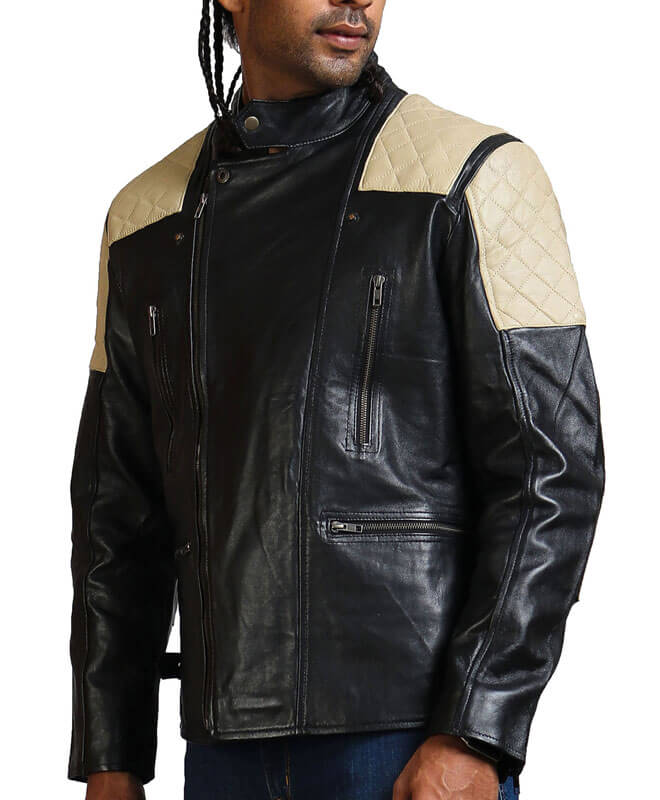 MenBlack Leather Jacket With White Quilted Patch