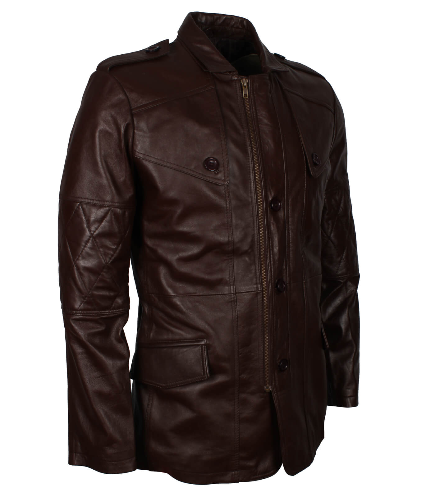 Military Officer Style Brown Leather Coat