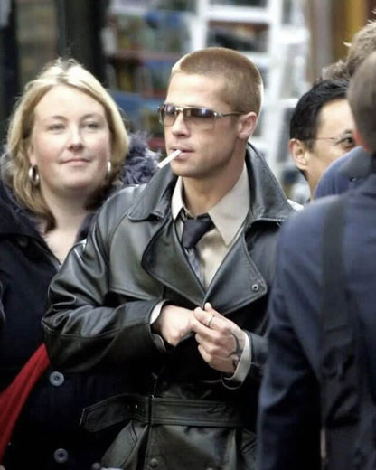 Oceans Twelve Brad Pitt Black Leather Coat