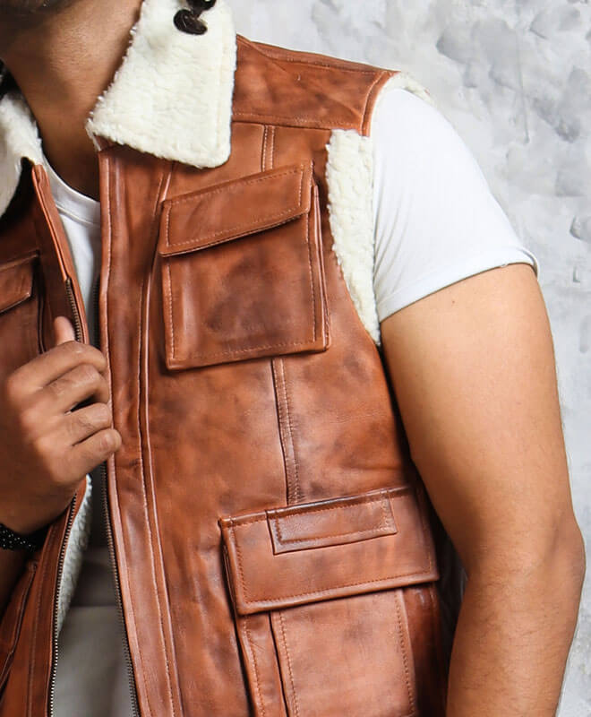 Patch Pockets Brown Shearling Vest