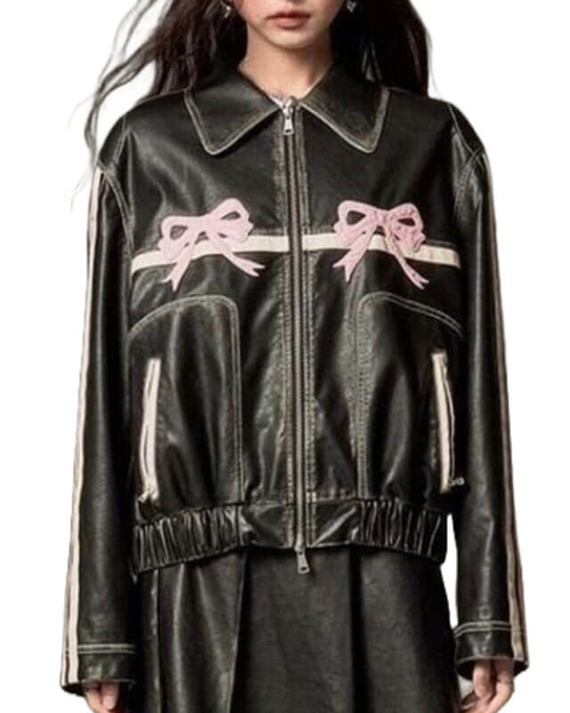 Pink Bow Black Leather Jacket With Stripes