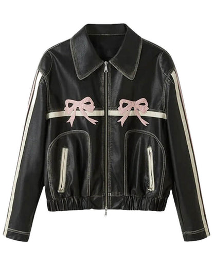 Black Pink Bow Leather Jacket