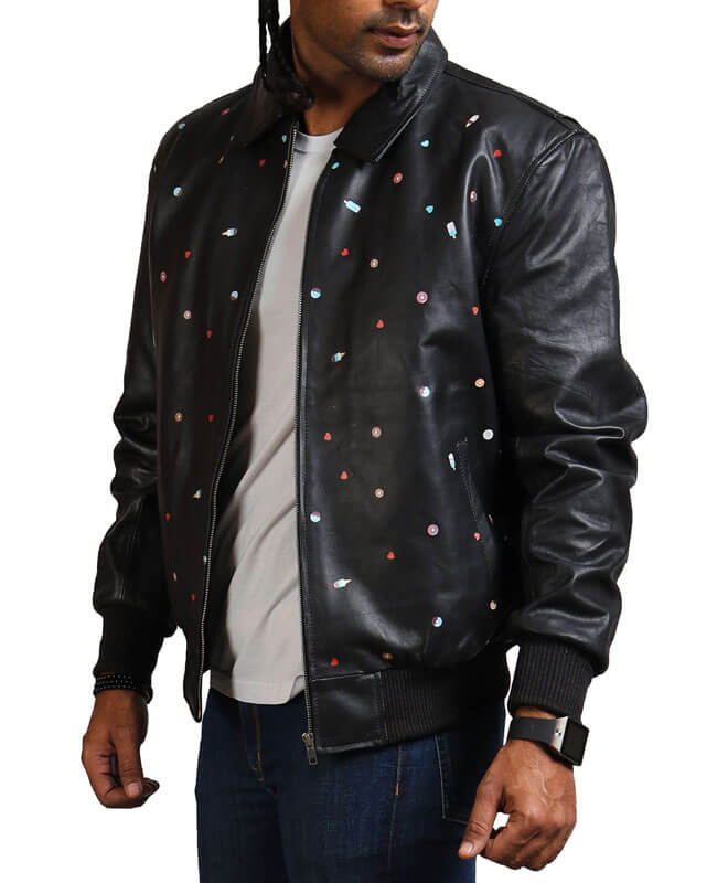 Printed Black Bomber Leather Jacket