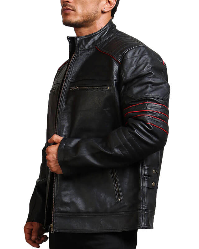 Quilted Black Biker Red Striped Leather Jacket