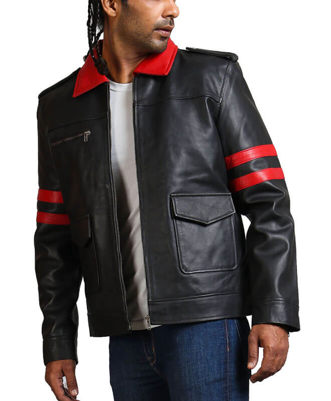 Red Collar And Stripes Black Leather Jacket