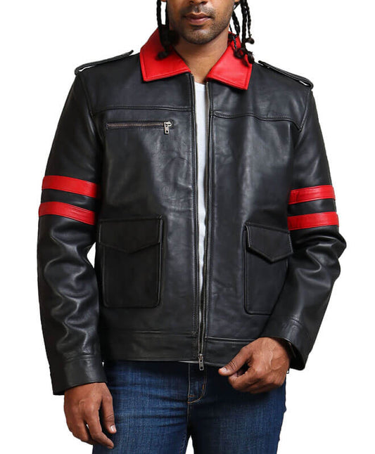 Red Collar Black Leather Jacket