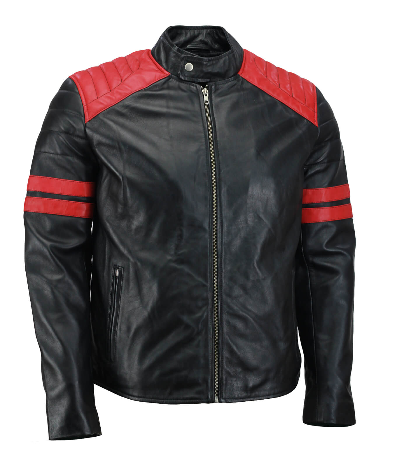Red Striped Black Biker Genuine Leather Jacket