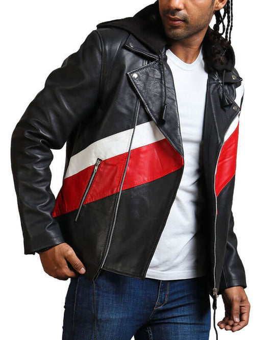 Red White Striped Hooded Black Leather Jacket