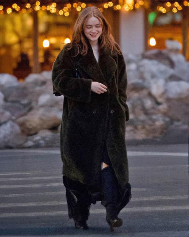 Sadie Sink Black Faux Fur Coat