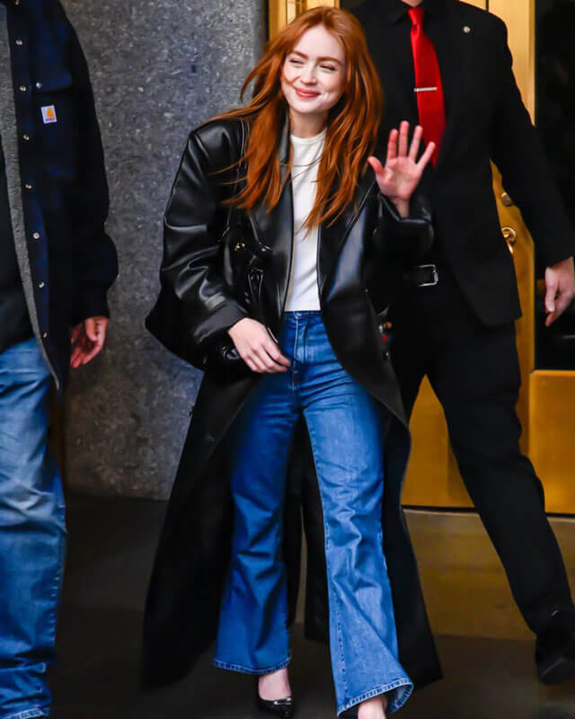 Sadie Sink Black Leather Long Coat
