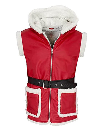 Christmas Red Leather Santa Vest with Hood