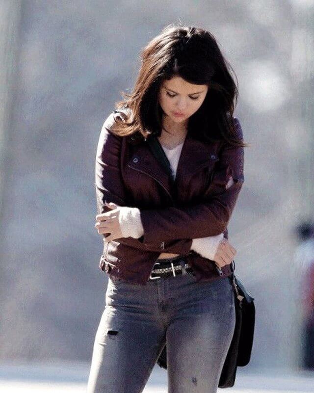 Selena-Gomez-Fundamentals-of-Caring-Maroon-Leather-Jacket