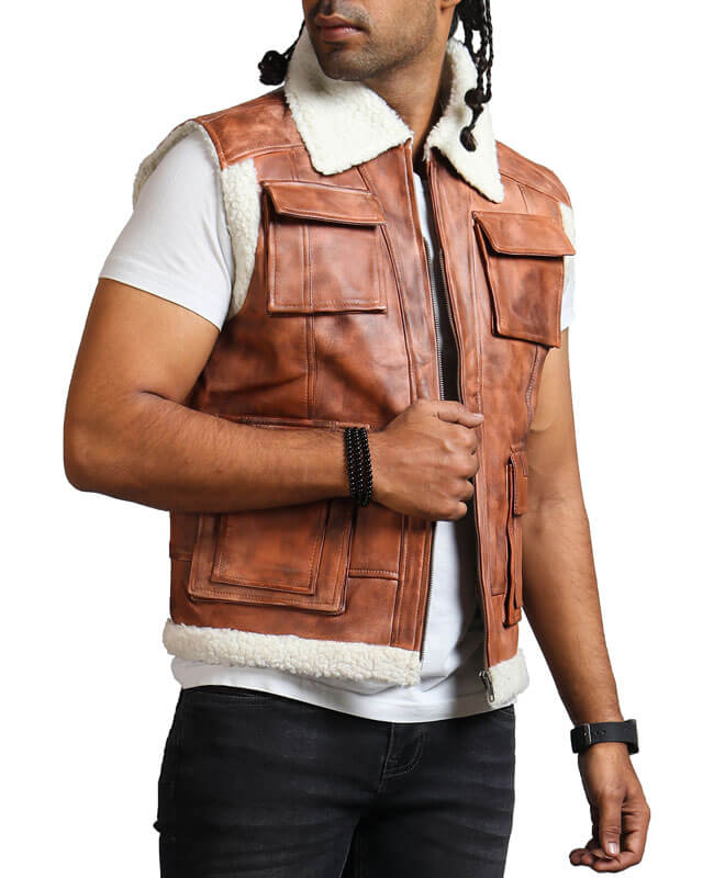 Shearling Leather Brown Vest Men