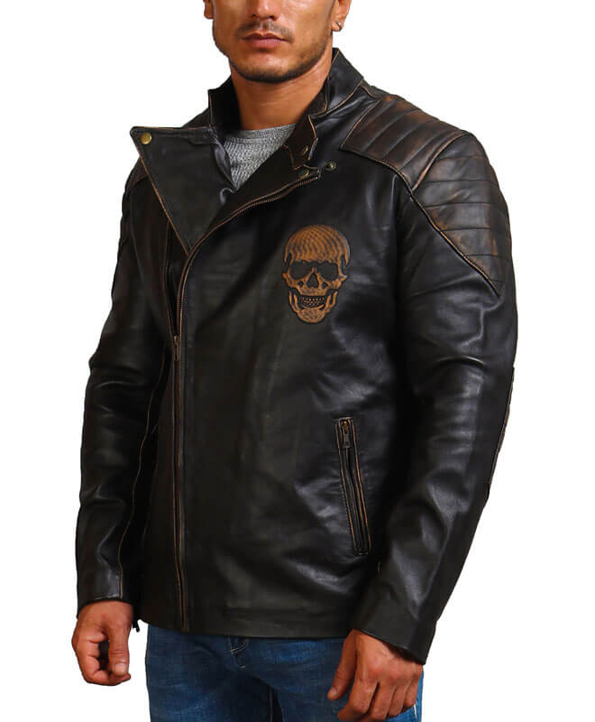 Skull Black Distressed Motorcycle Leather Jacket