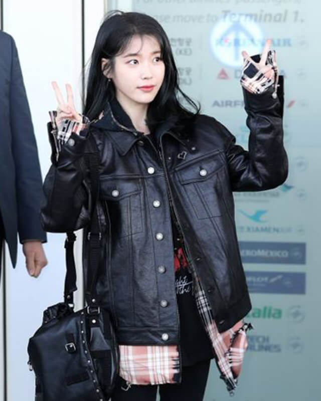 Soloist IU Airport Fashion Genuine Leather Black Jacket