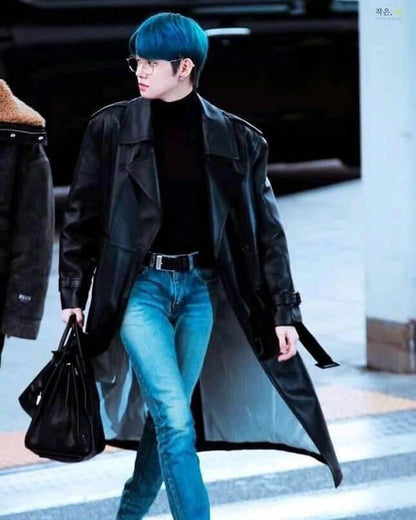 TXT Yeonjun Black Leather Long Coat