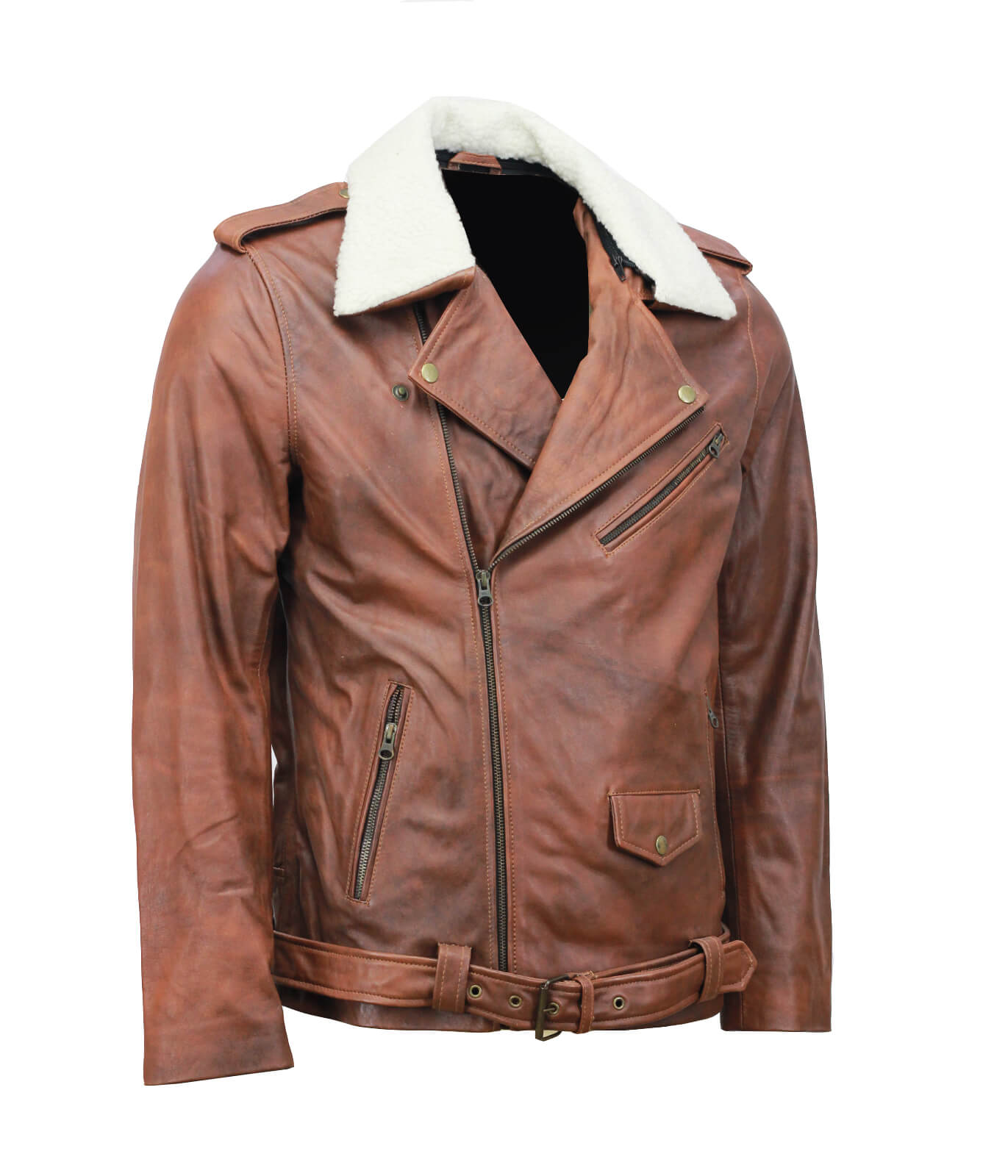Vintage Brown Motorcycle Leather Jacket With Fur Collar And Belt