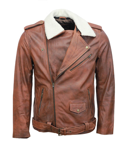 Vintage Brown Motorcycle Leather Jacket With Fur Collar