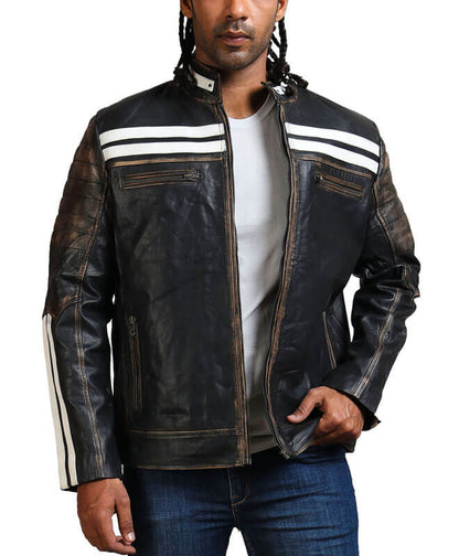 White Stripe Black Leather Jacket