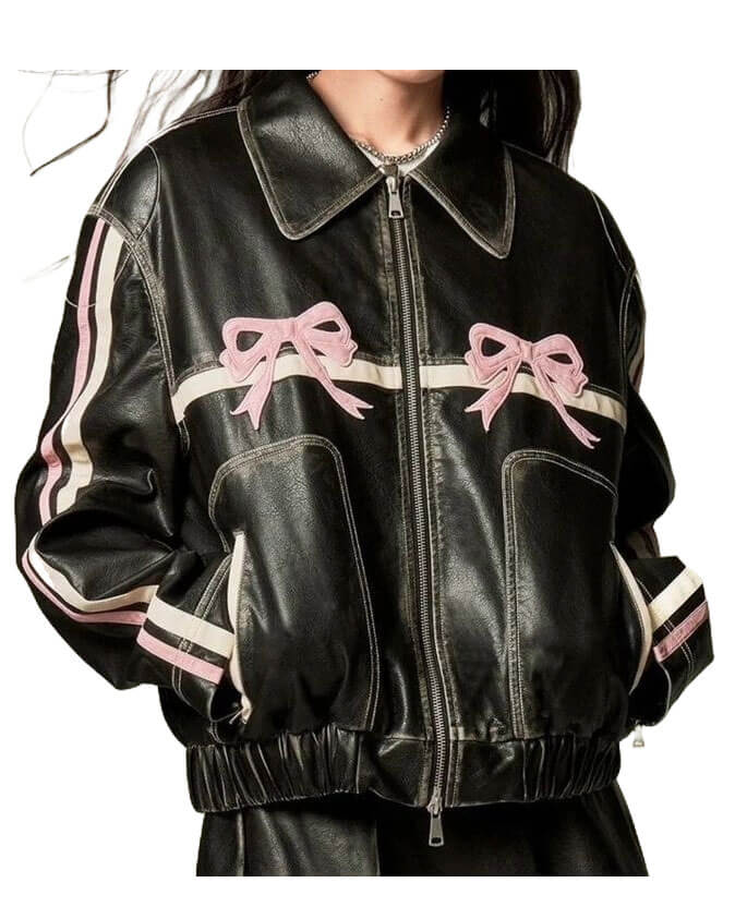 Women Trending Pink Bow Black Leather Jacket