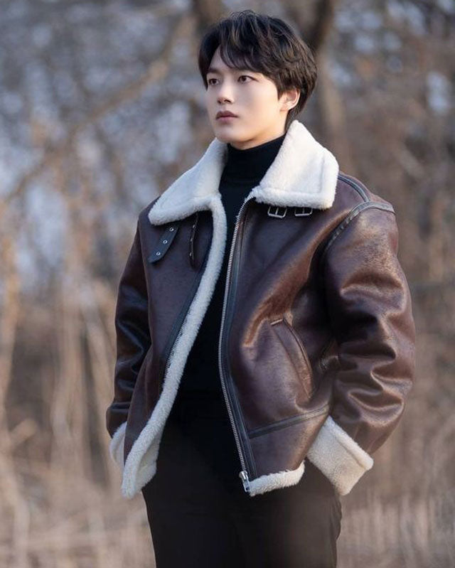 Yeo Jin Goo Maroon Shearling Leather Jacket