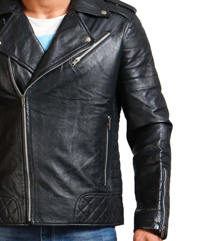 Zippered Sleeves Quilted Panels Biker Leather Jacket