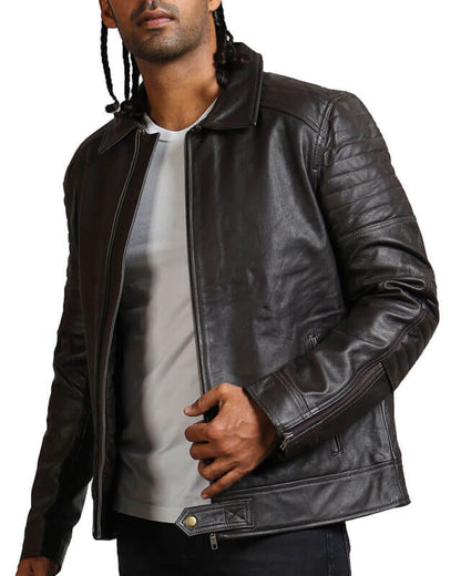 Black Biker Leather Jacket Collared