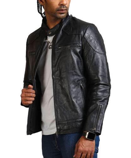 Black Biker Real Leather Jacket Men
