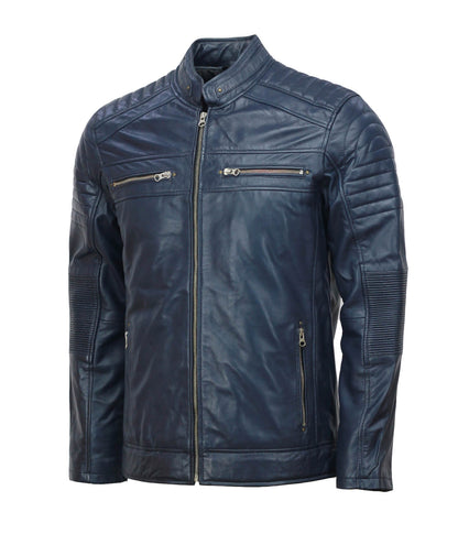 Blue Biker Real Leather Jacket