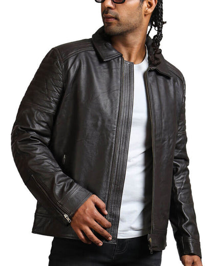 Collared Biker Black Leather Jacket For Men