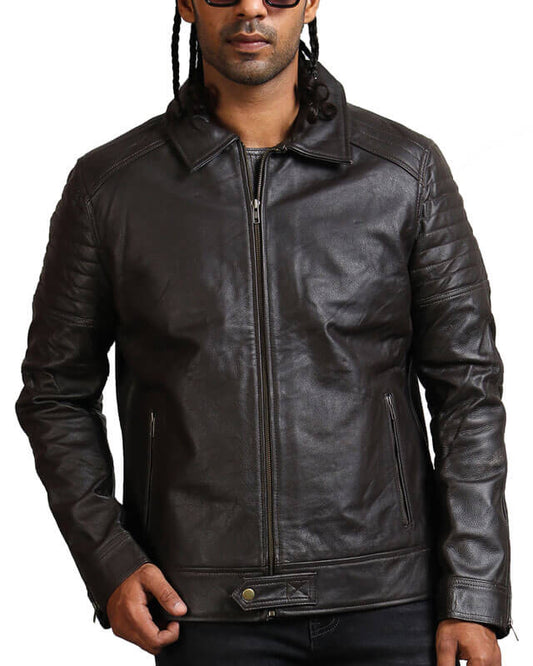 Collared Biker Leather Jacket For Men