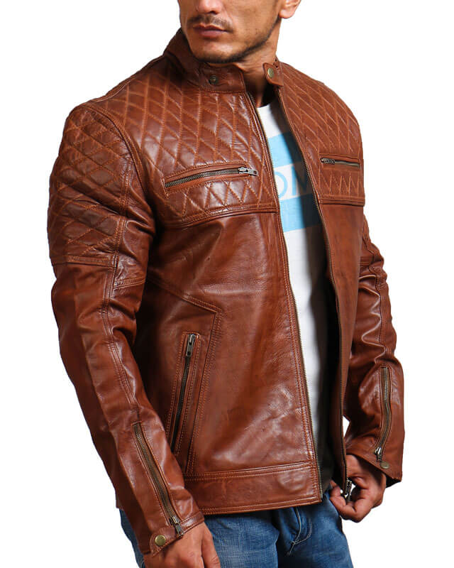 Diamond Quilted Brown Cafe Racer Leather Jacket