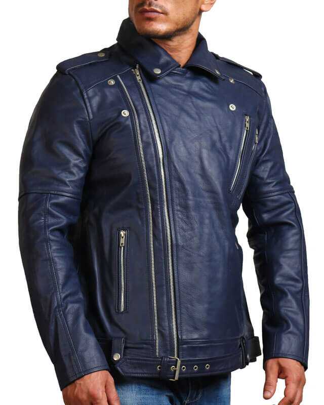 Double Zipper Blue Motorcycle Jacket