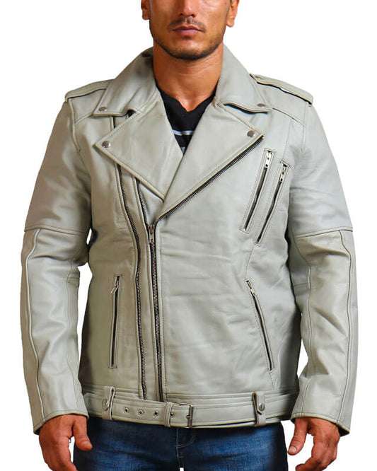 Double Zipper White Motorcycle Leather Jacket