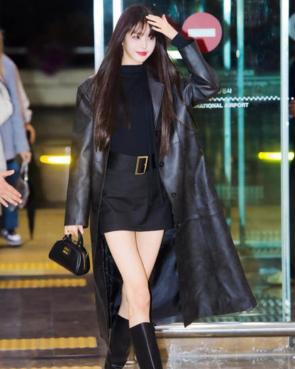 Ive Fashion Jang Wonyoung Black Leather Coat