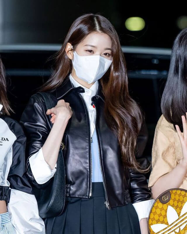 Jang Wonyoung Black Cropped Leather Jacket - kpop Airport Fashion ...