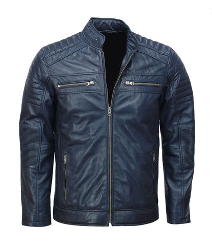 Men Blue Biker Genuine Leather Jacket