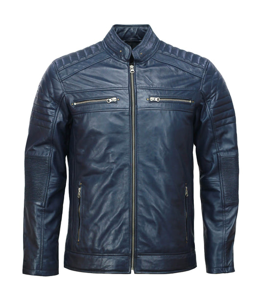 Men Blue Biker Leather Jacket